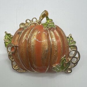 Vintage Enamel Pumpkin Harvest Brooch Pin Autumn Fall Thanksgiving Jewelry Bling